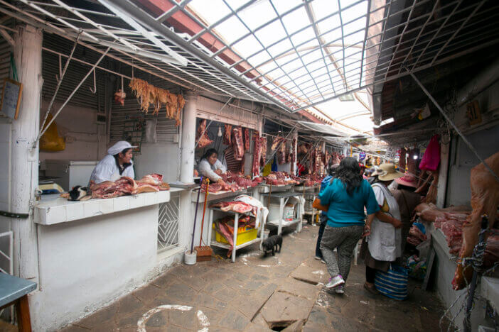 Cusco, Peru; 1st January 2023: Stall selling meat in the central market of Sant Jerónimo de Cusco in Peru.