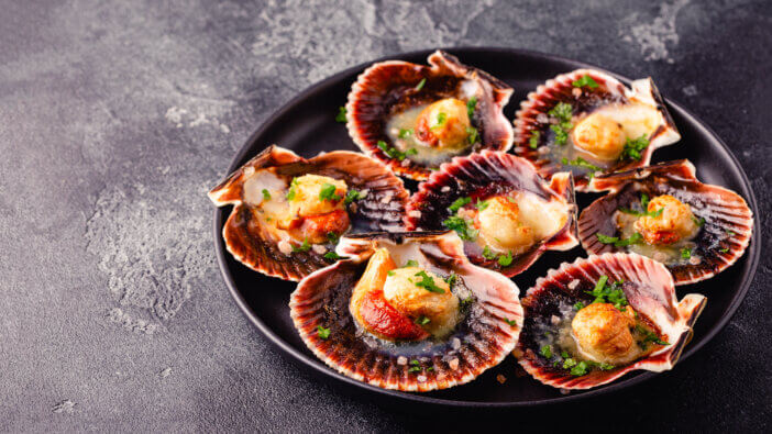 Cooked scallops with parsley on a plate