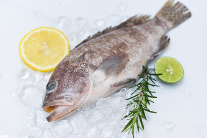 Fresh raw seafood fish for cooked food, Grouper fish on ice with rosemary lemon