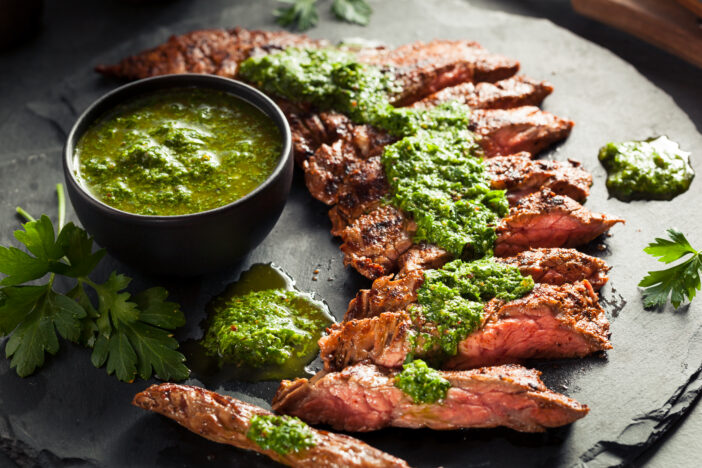 Homemade Cooked Skirt Steak with Chimichurri Sauce and Spices