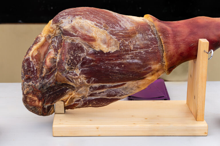 Iberian ham pata negra from Spain. hamon on table, big foot. jamon is the national dish of Spain, dried pork leg.