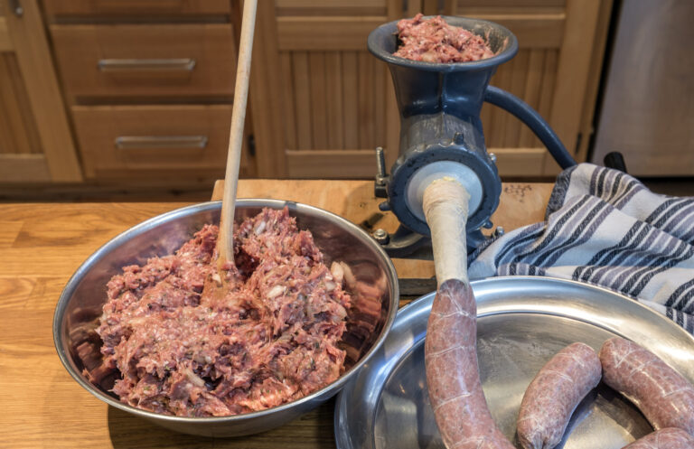 homemade sausage using a sausage stuffer