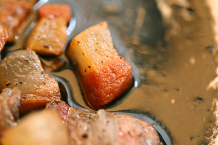 Guancial pig cheeks cooking in Rom Italy in Italy, Lazio, Rome