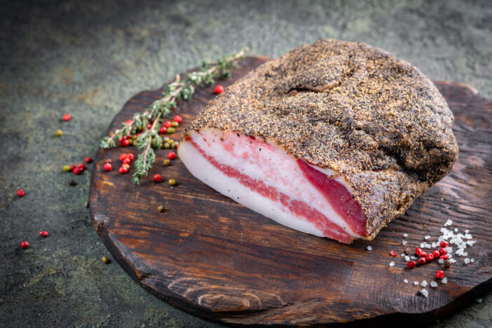 Guanciale dried speck а ham, Italian cured meat product