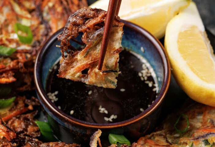 Homemade Korean Pajeon Pancakes with Dipping Sauce.