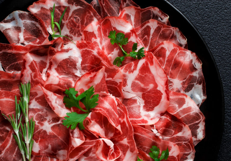 sliced cured ham, prosciutto, italian dish, delicacy, parma ham, top view, no people,