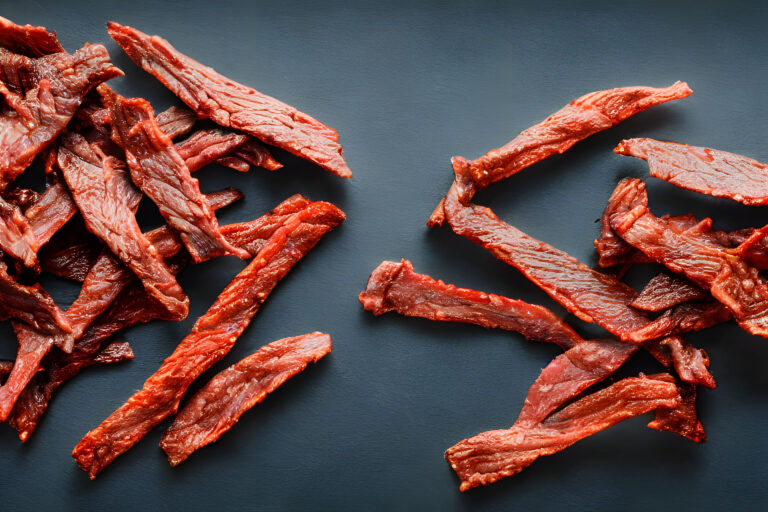 A closeup shot of juicy Beef Jerky on the table