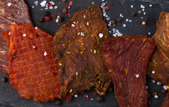 Mix of dried meat Jerky . From chicken , beef and pork. Beer snacks