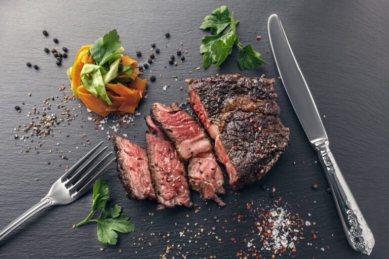 Sliced beef steak sous-vide with vegetable noodles