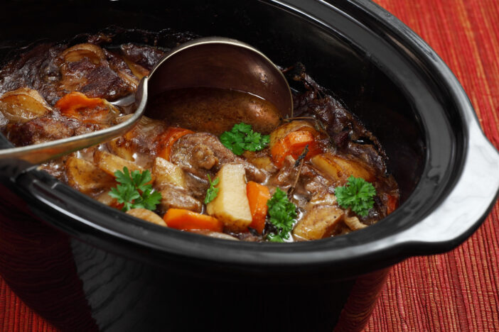 Photo of Irish Stew or Guinness Stew made in a crockpot or slow cooker.