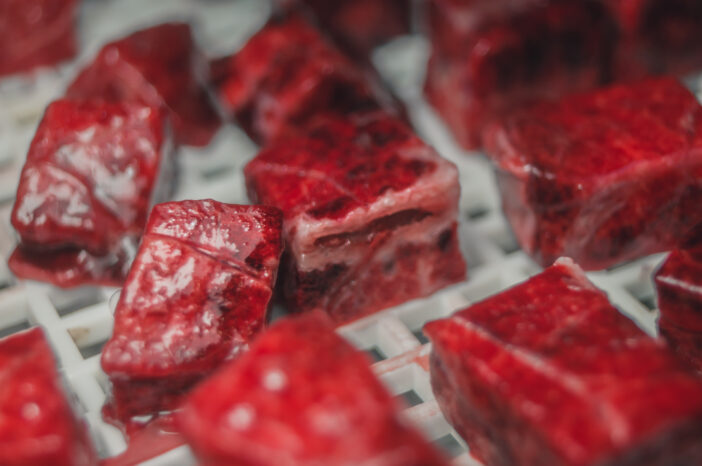 Pieces of fresh meat in the tray of an electric dryer to dehydrate food. Drying of food. Selective focus.