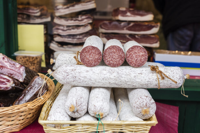 Salami sausage for sale at the market stall