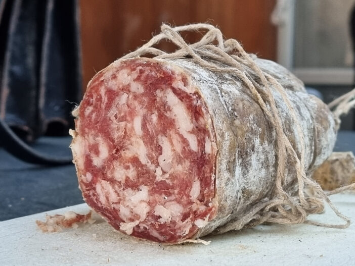 The close-up of Soppressata salami  meat