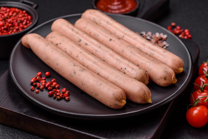 Vegan or vegetarian sausages made from meat substitutes with salt and spices on a dark concrete background