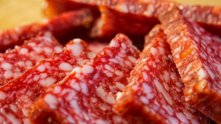 Sliced salami with detailed marbling, suitable for food industry marketing and gourmet visuals.