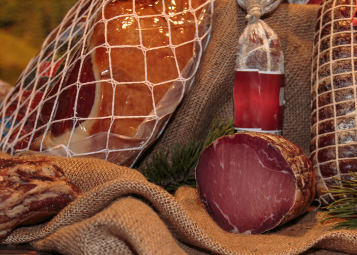Assortment of Cured Meats and Salami in Butcher Shop