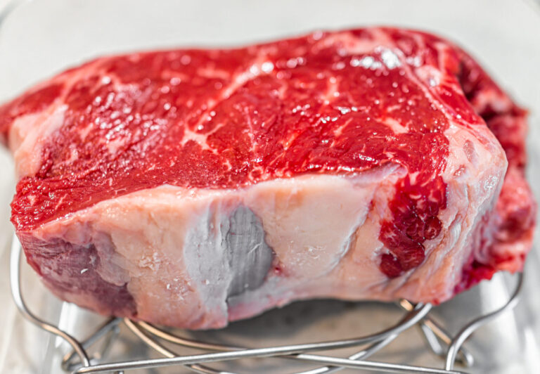 Macro closeup of New York boneless strip steak beef thick cut meat in glass pan for roasting before grilling with juicy texture