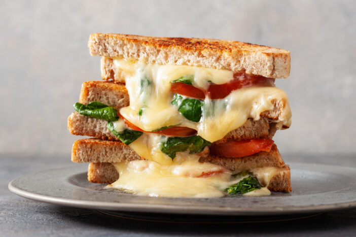 grilled cheese and tomato sandwich on white background