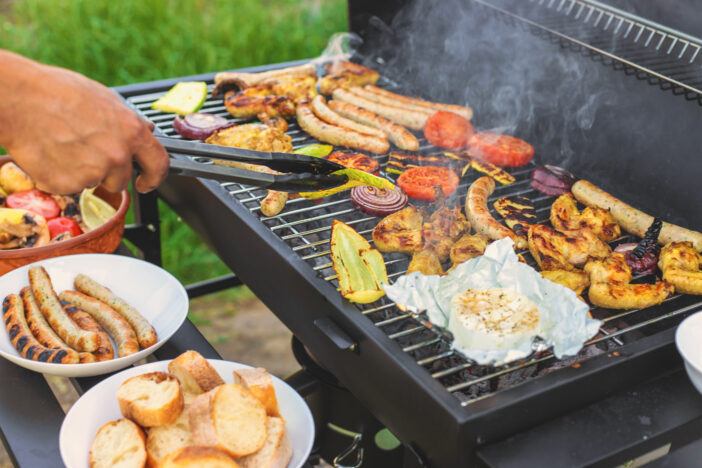 Grill sausages and vegetables. Selective focus. Food.