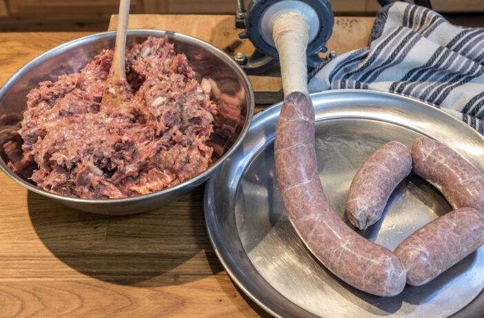 homemade sausage using a sausage stuffer