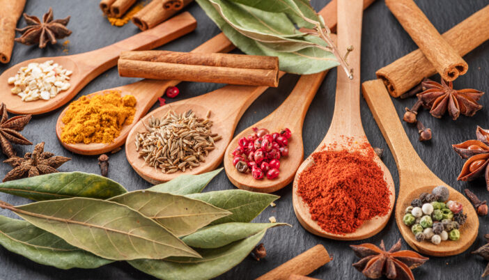 Various types of spices on wooden spoons on a gray stone table, great food background for your projects.