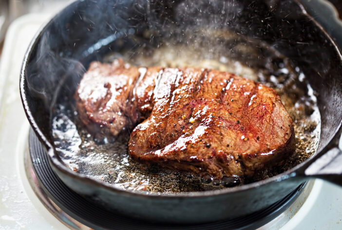 Angus teak fried on vegetable oil on iron cast