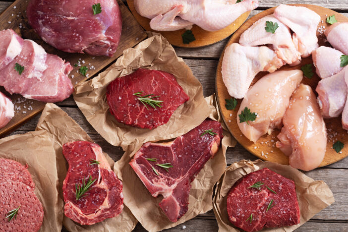 Assortment of meat and seafood . Beef , chicken , fish and pork