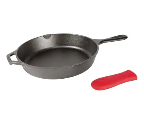 Lodge 12-Inch Cast Iron Skillet with Red Silicone Handle Holder