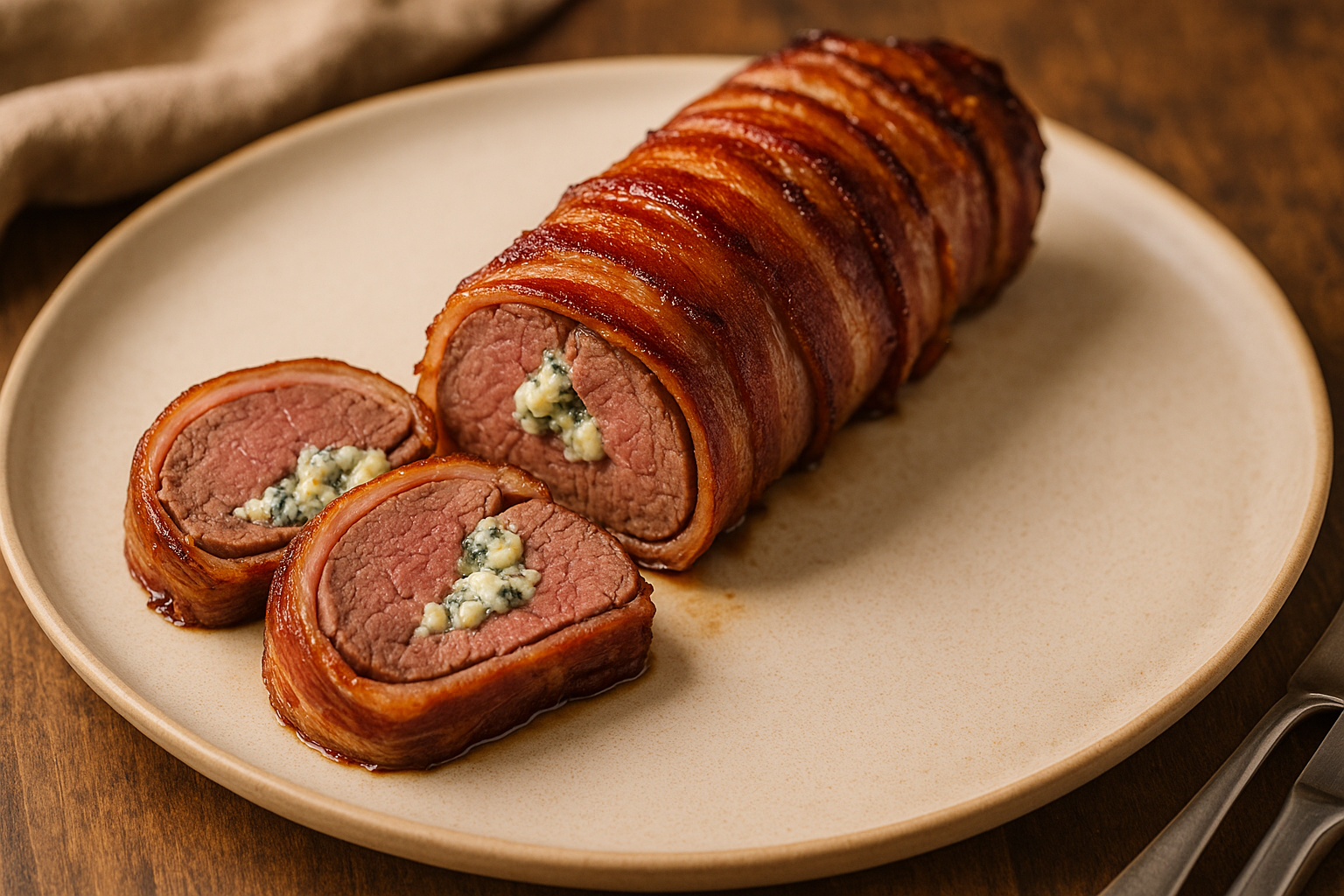 bacon wrapped venison tenderloin stuffed Bacon-Wrapped Venison Tenderloin Stuffed with Blue Cheese