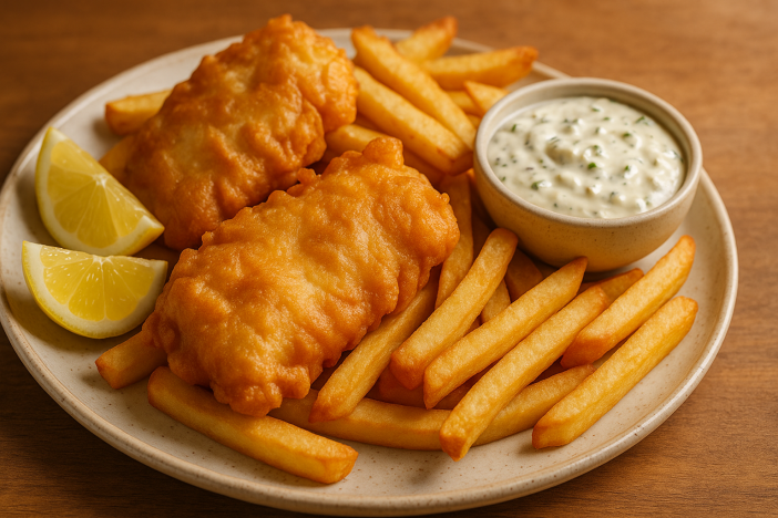 beer battered fish and chips with tartar Beer-Battered Fish and Chips with Tartar Sauce