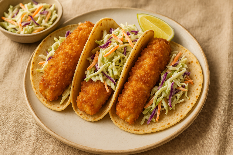 Crispy Walleye Tacos with Ritz Cracker Crust and Coleslaw
