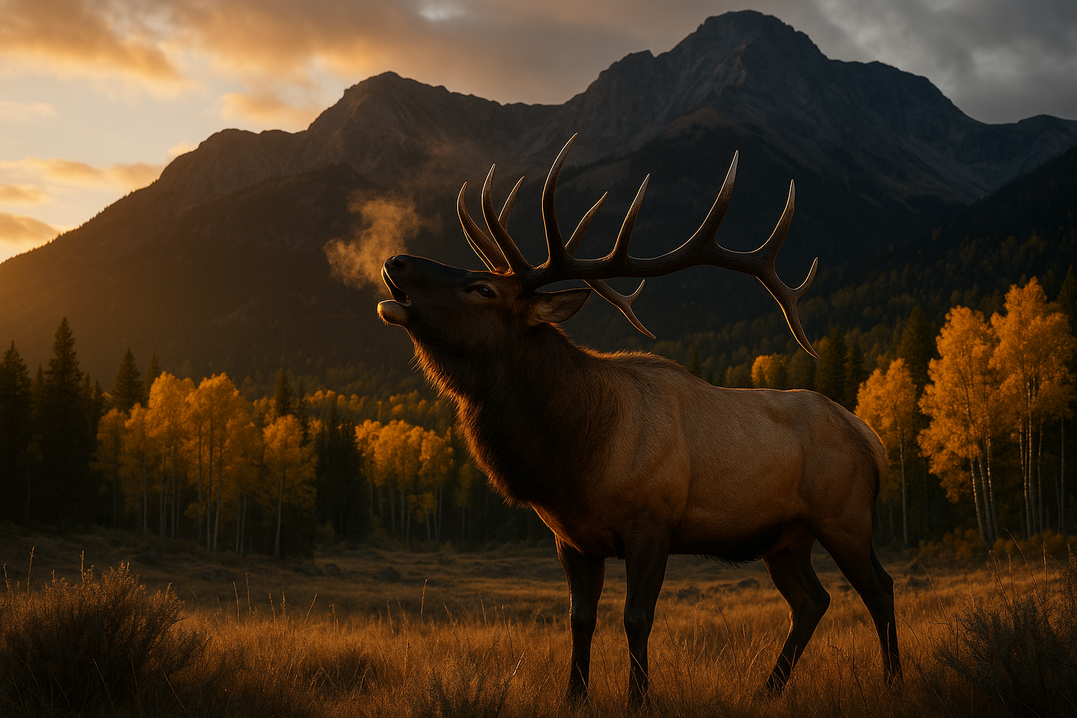 Bull elk bugling at sunrise