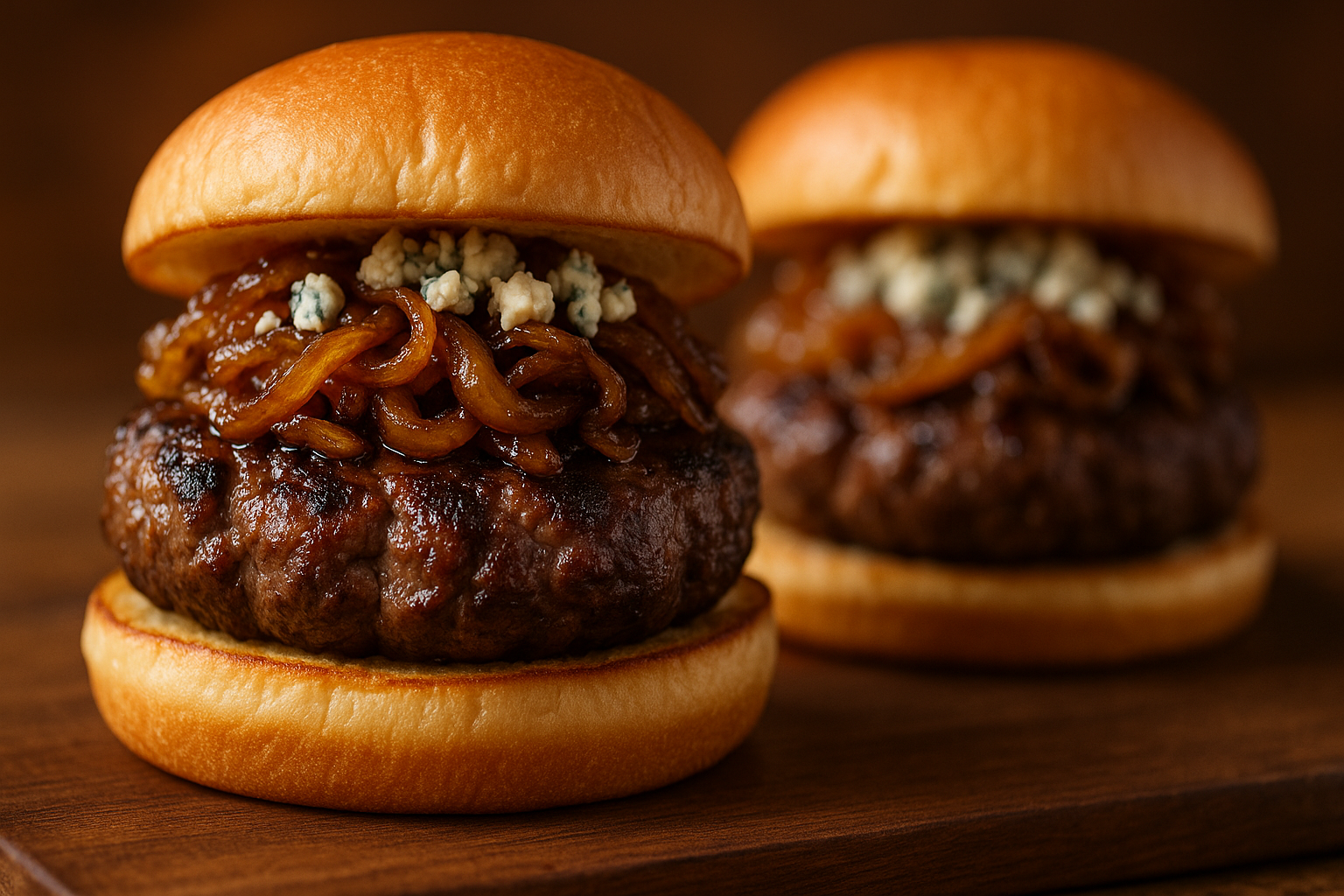 grilled elk burgers with caramelized oni Grilled Elk Burgers with Caramelized Onions and Blue Cheese