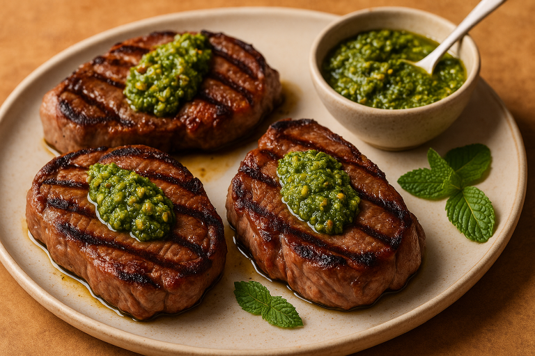 Grilled Lamb Leg Steaks with Mint Pesto