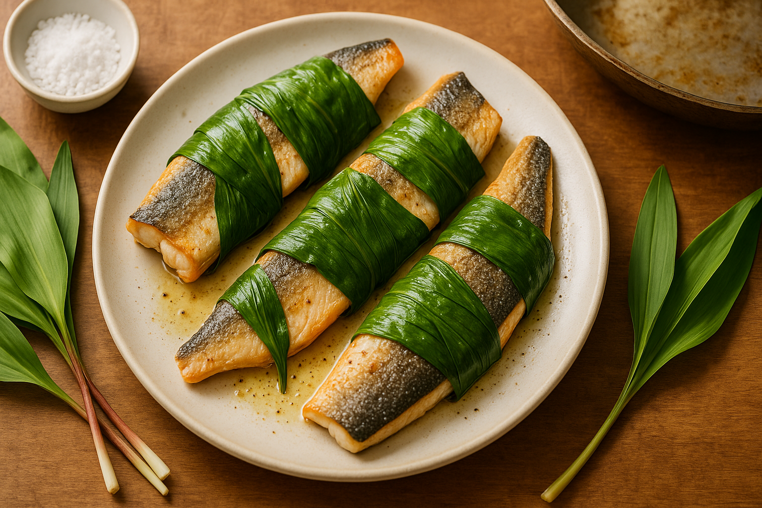 pan seared trout wrapped in ramp leaves Pan-Seared Trout Wrapped in Ramp Leaves