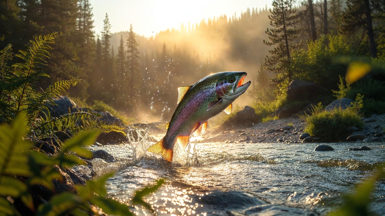 Rainbow trout leaping from stream