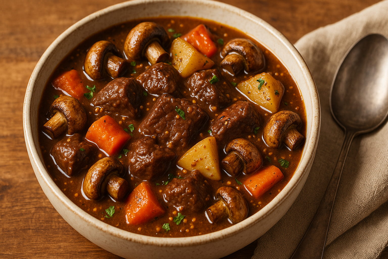 venison and mushroom stew with whole gra Venison and Mushroom Stew with Whole Grain Mustard