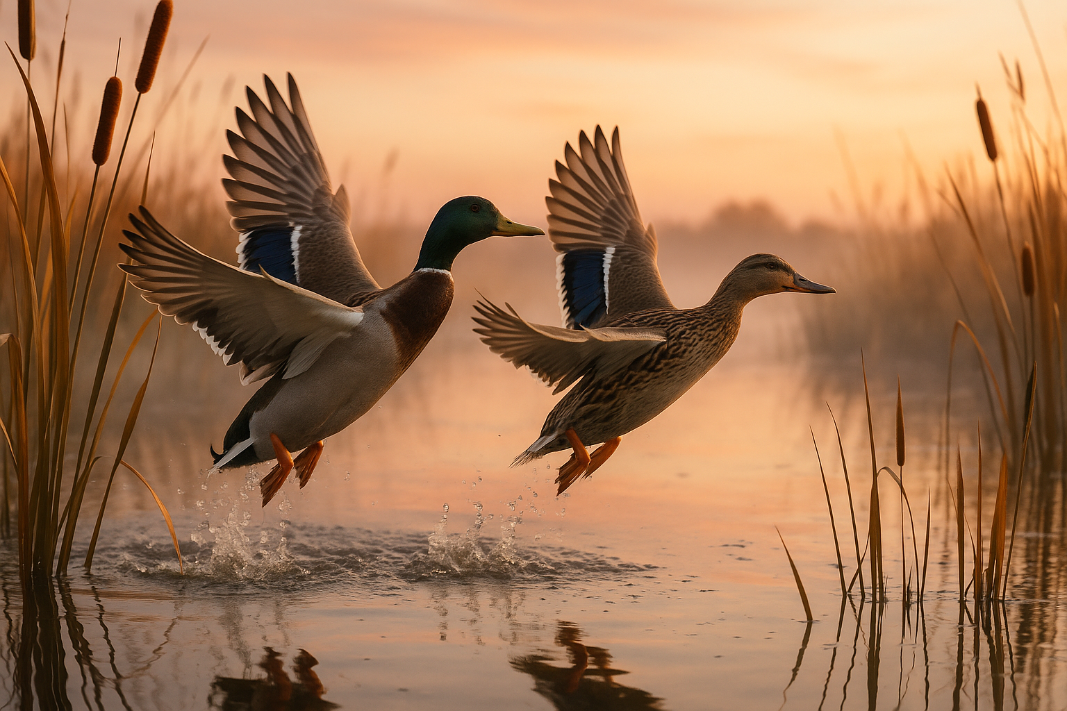 Mallard ducks lifting off marsh