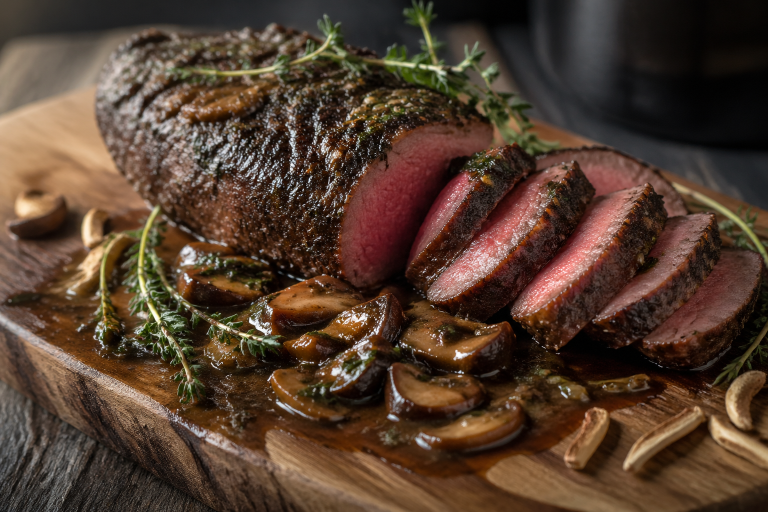 Sliced antelope backstrap with porcini crust resting on a wooden board beside a rich mushroom pan sauce