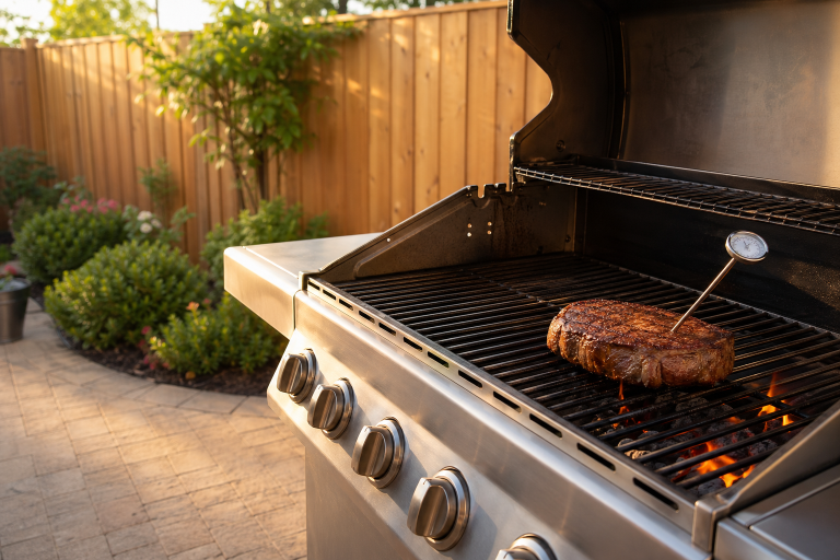 Gas grill on a sunny patio with a meat thermometer inserted in a steak cooking over glowing flames