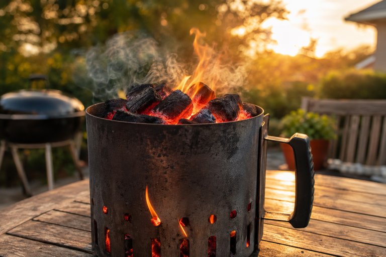 Charcoal chunks glowing with orange flames inside a metal chimney starter on an outdoor patio in warm afternoon light