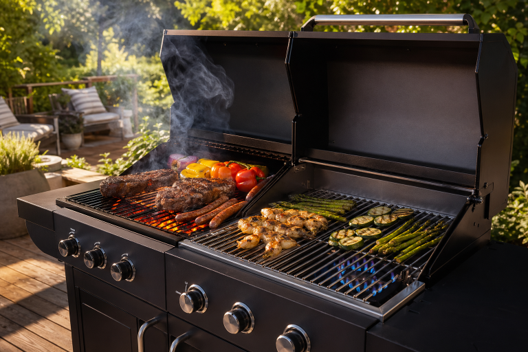 A dual-fuel combo grill with charcoal embers on one side and gas flames on the other on a sunny patio