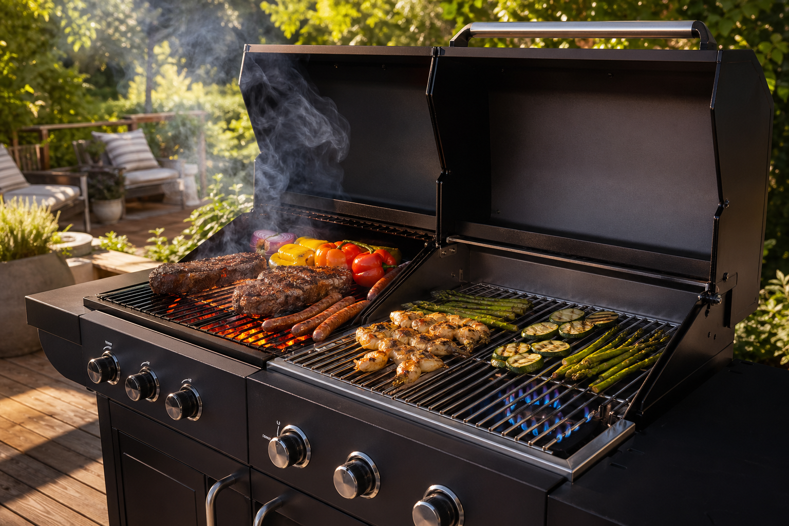 A dual-fuel combo grill with charcoal embers on one side and gas flames on the other on a sunny patio