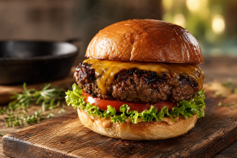 A juicy grilled bison burger with melted cheese, lettuce, and tomato on a toasted bun on a rustic wooden board