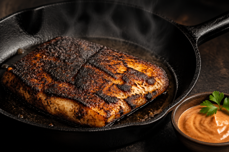 Blackened catfish fillet sizzling in a cast iron skillet with a bowl of creamy Cajun remoulade sauce alongside