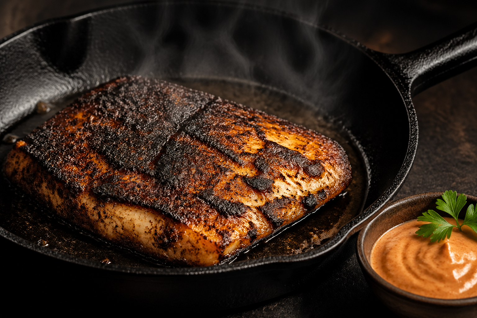 Blackened catfish fillet sizzling in a cast iron skillet with a bowl of creamy Cajun remoulade sauce alongside