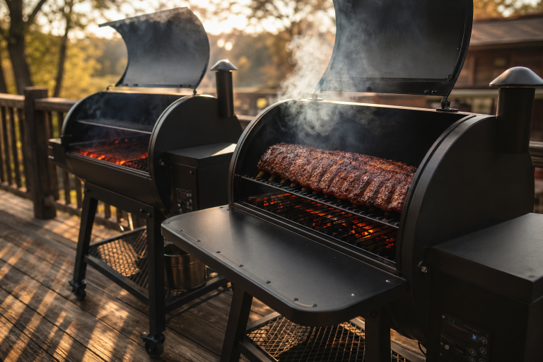 Two pellet grills on a wooden deck with smoking ribs and warm sunlight highlighting the steel construction