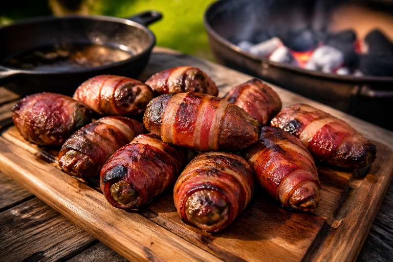 Golden bacon-wrapped dove poppers with jalapeño on a rustic wooden board beside a smoldering charcoal grill