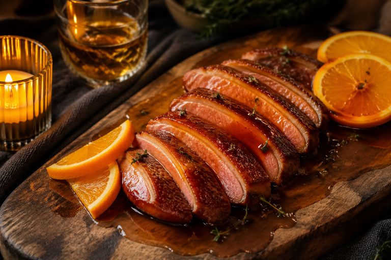 Sliced seared duck breast drizzled with glossy orange bourbon sauce, garnished with fresh orange slices and herbs
