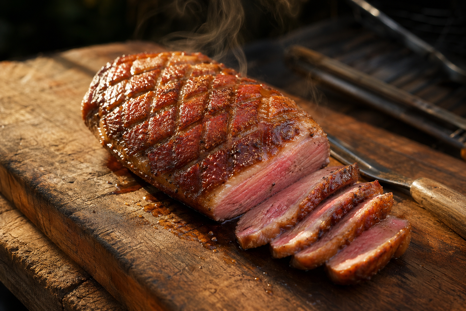Sliced grilled duck breast with crispy scored fat cap showing rosy medium-rare interior on a rustic wooden board